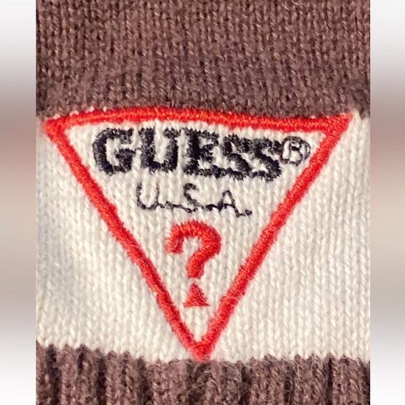 BROWN GUESS USA cream striped Sweater full ZIP up Pockets mock neck mens large L - Picture 2 of 16
